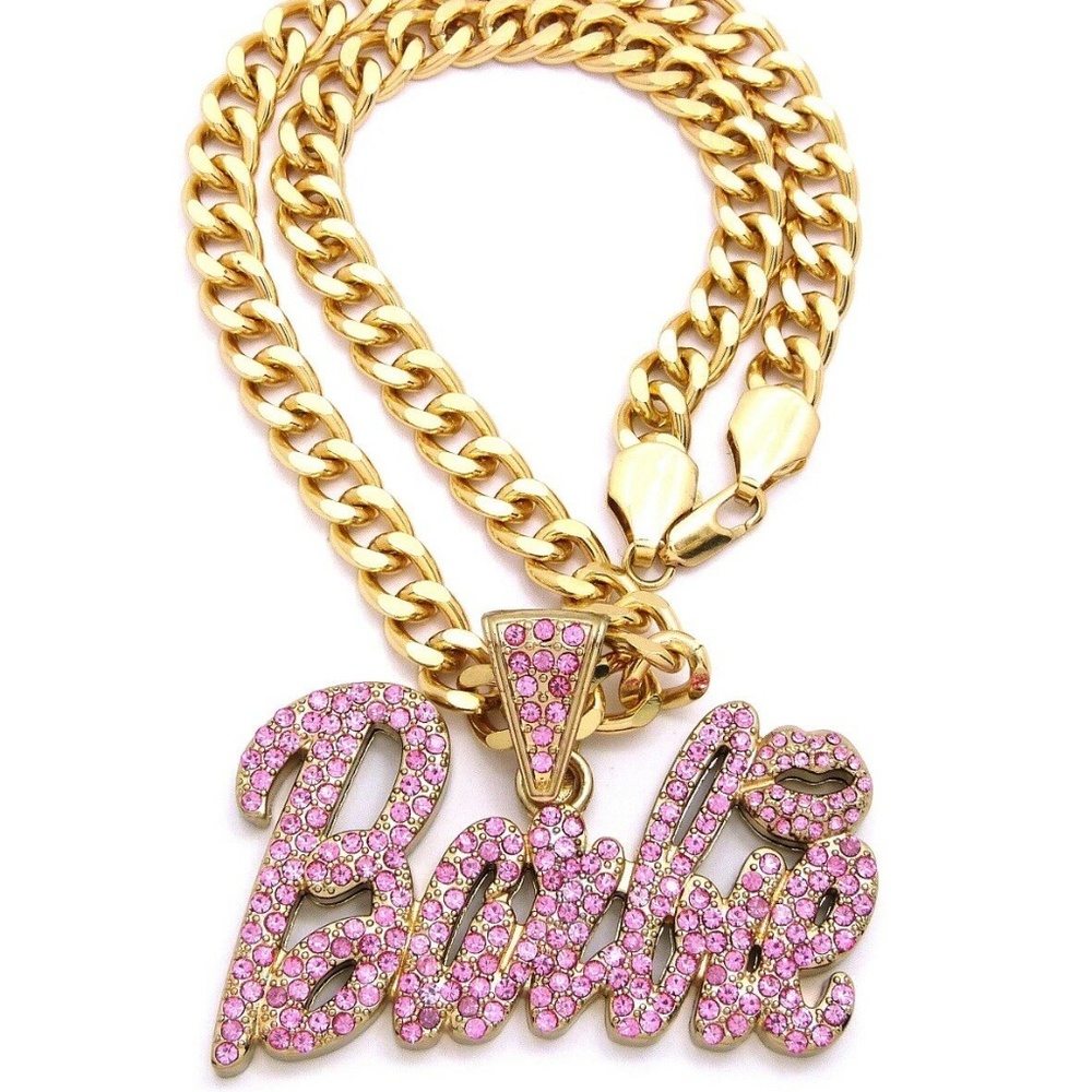 ICE OUT PINK BARBIE PENDANT 10mm/18" LINK CHAIN